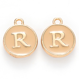 Honeyhandy Golden Plated Alloy Enamel Charms, Cadmium Free & Lead Free, Enamelled Sequins, Flat Round with Letter, Wheat, Letter.R, 14x12x2mm, Hole: 1.5mm