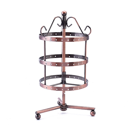 Honeyhandy Iron Rotating 3-Tier Earring Display Stand, for Hanging Dangle Earring, 72 Holes, Red Copper, 110x110x250mm