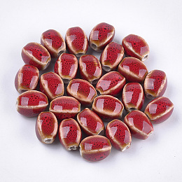 Honeyhandy Handmade Porcelain Beads, Fancy Antique Glazed Porcelain, Oval, Red, 12~14x9~10.5x9~11mm, Hole: 2.5mm