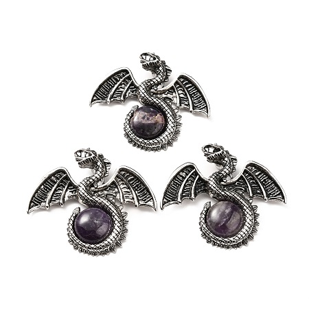 Honeyhandy Natural Amethyst Big Pendants, Dragon Charms, with Rack Plating Antique Silver Tone Alloy Findings, Cadmium Free & Lead Free, 49x56x12mm, Hole: 6~6.5mm