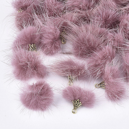 Faux Mink Fur Tassel Pendant Decorations, with Alloy Findings, Antique Golden, Pale Violet Red, 20~30x28~30mm, Hole: 1.8mm