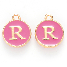 Honeyhandy Golden Plated Alloy Enamel Charms, Cadmium Free & Lead Free, Enamelled Sequins, Flat Round with Letter, Camellia, Letter.R, 14x12x2mm, Hole: 1.5mm