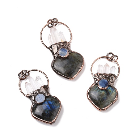 Honeyhandy Natural Labradorite & Kyanite & Quartz Crystal Big Pendants, with Red Copper Tone Brass Findings, Jump Rings, Cadmium Free & Lead Free, Heart, 60~68x30~33.5x10.5~11mm, Hole: 6mm