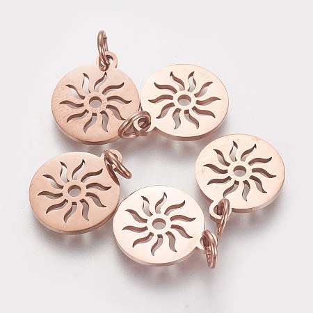 Honeyhandy 304 Stainless Steel Pendants, Flat Round with Sun, Rose Gold, 14x12x1.1mm, Hole: 3mm