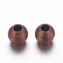 Honeyhandy Red Copper Color Brass Textured Round Beads, Nickel Free, Size: about 4mm in diameter, hole: 1mm