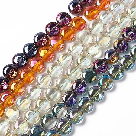 Electroplate Glass Beads Strands, Full Rainbow Plated, Flat Round, Mixed Color, 12~12.5x6.5mm, Hole: 1mm, about 50pcs/strand, 23.62 inch(60cm)