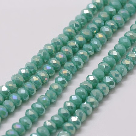 Arricraft Electroplate Glass Bead Strands, Rondelle, Faceted, Rainbow Plated, Medium Sea Green, 3x2mm, Hole: 1mm, about 150pcs/strand, 12.4 inches