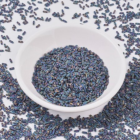 MIYUKI® Quarter TILA Beads, Japanese Seed Beads, 2-Hole, (QTL401FR) Matte Black AB, 5x1.2x1.9mm, Hole: 0.8mm; about 480pcs/10g