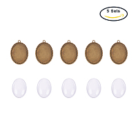 Pandahall Elite 5 Sets Oval Transparent Clear Glass Cabochons and Antique Bronze Zinc Alloy Pendant Cabochon Settings for Crafting DIY Jewelry Making, , Pendant: 51x37mm, Hole: 3mm; Tray: 40x30mm