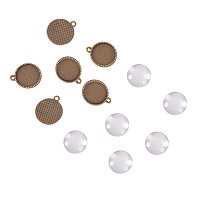 PandaHall Elite 10 Sets Antique Bronze Color Pendant Cabochon, Round Pendant Blanks Trays Bezel Settings and Clear Glass Cabochons for Cameo Pendants, Photo Jewelry, Necklace and Crafts