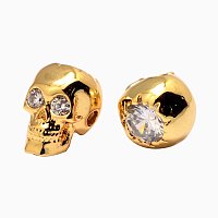NBEADS 10PCS Gold Brass Skull Head Beads Cubic Zirconia Beads Micro Pave Beads Bracelet Connector Charms Beads for Jewelry Making, 12.5x9x10mm