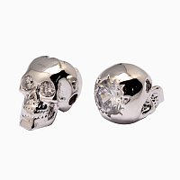 NBEADS 10PCS Platinum Brass Skull Head Beads Cubic Zirconia Beads Micro Pave Beads Bracelet Connector Charms Beads for Jewelry Making, 12.5x9x10mm
