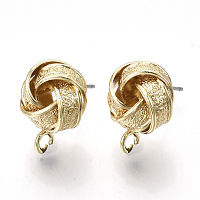 Honeyhandy Iron Stud Earring Findings, with Loop, Raw(Unplated) Pin, Love Knot Earrings, Textured, Cadmium Free & Nickel Free & Lead Free, Golden, 15.5~16.5x12.5mm, Hole: 2mm, Pin: 0.8mm