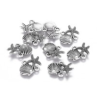 Honeyhandy Tibetan Style Alloy Links connectors, Ocean Theme, Lead Free & Nickel Free & Cadmium Free, Starfish/Sea Stars and Scallop Shell Shape, Thai Sterling Silver Plated, 18x13.5x2.5mm, Hole: 1.5mm