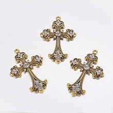 Honeyhandy Alloy Rhinestone Cross Big Pendants, Lead Free & Cadmium Free & Nickel Free, Antique Golden, 75x50x7mm, Hole: 3.5mm