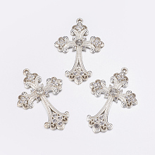 Honeyhandy Alloy Rhinestone Cross Big Pendants, Lead Free & Cadmium Free & Nickel Free, Silver Color Plated, 75x50x7mm, Hole: 3.5mm