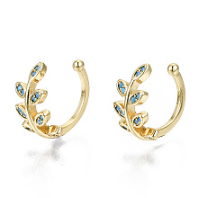 Honeyhandy Brass Micro Pave Cubic Zirconia Cuff Earrings, Cadmium Free & Nickel Free & Lead Free, Leaf, Real 16K Gold Plated, Light Sky Blue, 1~8mm, Inner Diameter: 11mm