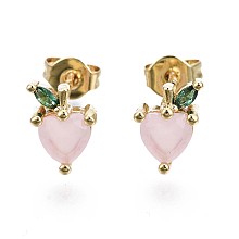 Honeyhandy Brass Micro Pave Cubic Zirconia Stud Earrings, with Cat Eye and Ear Nuts, Cadmium Free & Nickel Free & Lead Free, Heart, Pink, Real 16K Gold Plated, 8x6mm, Pin: 0.7mm