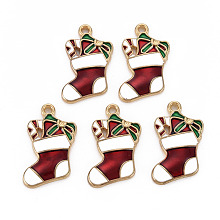 Honeyhandy Alloy Enamel Pendants, Light Gold, Cadmium Free & Nickel Free & Lead Free, Christmas Socks, FireBrick, 26x15x3mm, Hole: 1.6mm