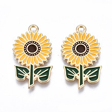 Honeyhandy Eco-Friendly Alloy Enamel Pendants, Cadmium Free & Lead Free & Nickel Free, Sunflower, Light Gold, Goldenrod, 27.5x15.5x1mm, Hole: 1.8mm