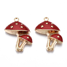 Honeyhandy Autumn Theme Eco-Friendly Alloy Enamel Pendants, Cadmium Free & Lead Free & Nickel Free, Mushroom, Light Gold, Red, 26.5x20x5mm, Hole: 1.8mm