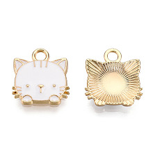 Honeyhandy Eco-Friendly Zinc Alloy  Pendants, with Enamel, Cat Shape, Cadmium Free & Nickel Free & Lead Free, Golden, White, 15x13x3mm, Hole: 2mm