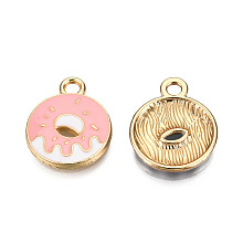 Honeyhandy Eco-Friendly Zinc Alloy  Pendants, with Enamel, Donut, Cadmium Free & Nickel Free & Lead Free, Golden, Pink, 18.5x14.5x2mm, Hole: 2mm