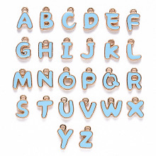 ARRICRAFT Alloy Enamel Charms, Enamelled Sequins, Cadmium Free & Nickel Free & Lead Free, Light Gold, Alphabet Shape, Letter A~Z, Light Sky Blue, 11x6.5x2mm, Hole: 1.5mm, 26pcs/set