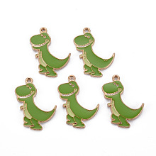 Honeyhandy Alloy Enamel Pendants, Cadmium Free & Nickel Free & Lead Free, Dinosaur, Light Gold, Olive Drab, 28x22x1.5mm, Hole: 1.8mm