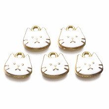 Honeyhandy Alloy Enamel Charms, Light Gold, Cadmium Free & Nickel Free & Lead Free, Cat, White, 11.5x11.5x3mm, Hole: 1.4mm