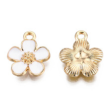 Honeyhandy Eco-Friendly Zinc Alloy Pendants, with Enamel, Cadmium Free & Nickel Free & Lead Free, 5- Petal Flower, Light Gold, White, 16x13x3mm, Hole: 1.8mm