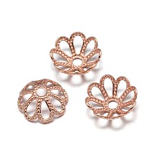 Honeyhandy Multi-Petal Flower Brass Fancy Bead Caps, Lead Free & Nickel Free & Cadmium Free, Real Rose Gold Plated, 8x3mm, Hole: 1.5mm