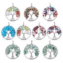 NBEADS 10 PCS Random Mixed Color Gemstone Big Pendants, Flat Round Tree of Life Gemstone Crystal Pendant for Necklace Jewelry Making