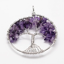 Honeyhandy Tree of Life Natural Amethyst Bead Brass Wire Wrapped Big Pendants, Cadmium Free & Nickel Free & Lead Free, 50~64x48~52x5~8mm, Hole: 3~6mm