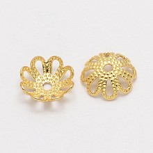 Honeyhandy Multi-Petal Flower Brass Fancy Bead Caps, Cadmium Free & Nickel Free & Lead Free, Real 18K Gold Plated, 7x2mm, Hole: 1mm