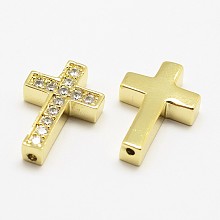 Honeyhandy Brass Micro Pave Grade AAA Cubic Zirconia Beads, Cross, Cadmium Free & Nickel Free & Lead Free, Real 18K Gold Plated, 18.8x12.8x3.8mm, Hole: 1.5mm