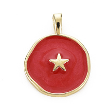 Honeyhandy Brass Enamel Pendants, Cadmium Free & Nickel Free & Lead Free, Real 16K Gold Plated, Flat Round with Star, FireBrick, 20.5x15.5x4.5mm, Hole: 2.5x3mm