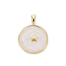 Honeyhandy Brass Enamel Pendants, Cadmium Free & Nickel Free & Lead Free, Real 16K Gold Plated, Flat Round with Star, White, 20.5x15.5x4.5mm, Hole: 2.5x3mm