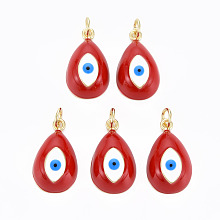 ARRICRAFT Real 16K Gold Plated Brass Enamel Pendants, with Jump Ring, Cadmium Free & Nickel Free & Lead Free, Teardrop with Evil Eye, FireBrick, 19~20x11x7~8mm, Jump Ring: 5x0.6mm, Inner Diameter: 3mm