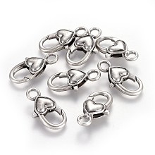 Honeyhandy Tibetan Style Heart Lobster Claw Clasps, Lead Free & Nickel Free & Cadmium Free, Thai Sterling Silver Plated, 27x13.5x6mm, Hole: 4mm