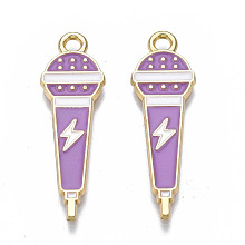 Alloy Enamel Pendants, Cadmium Free & Nickel Free & Lead Free, Light Gold, Microphone with Lightning Bolt, Medium Orchid, 29x9x1.5mm, Hole: 2mm