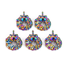 Honeyhandy Rainbow Color Alloy Pendants, Cadmium Free & Nickel Free & Lead Free, Christmas Wreath with Bowknot, 21x16.5x3mm, Hole: 2mm