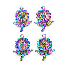 Rainbow Color Alloy Pendant Rhinestone Settings, Cadmium Free & Nickel Free & Lead Free, Flower, Multi-color, Fit For 0.8mm Rhinestone, 26.5x19.5x4mm, Hole: 1.5mm