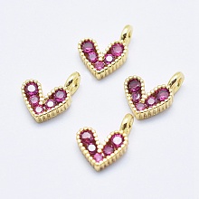 Honeyhandy Brass Micro Pave Cubic Zirconia Charms, Long-Lasting Plated, Lead Free & Nickel Free & Cadmium Free, Heart, Hot Pink, Real 18K Gold Plated, 9.5x6.5x2mm, Hole: 1mm