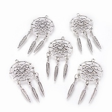 Honeyhandy Tibetan Style Alloy Pendants, Woven Net/Web with Feather, Cadmium Free & Nickel Free & Lead Free, Big Pendants, Antique Silver, 63x28x1.5mm, Hole: 2mm