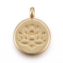 Honeyhandy Tibetan Style Alloy Pendants, Flat Round with Lotus, Lead Free & Nickel Free & Cadmium Free, Real 18K Gold Plated, Matte Gold Color, 20x15x4.5mm, Hole: 1.5mm