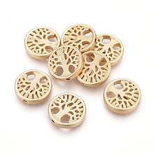 Honeyhandy Alloy Beads, Flat Round with Tree of Life, Lead Free & Nickel Free & Cadmium Free, Real 18K Gold Plated, Matte Gold Color, 18x4mm, Hole: 1.5mm