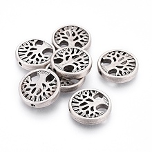 Honeyhandy Alloy Beads, Flat Round with Tree of Life, Lead Free & Nickel Free & Cadmium Free, Thailand Sterling Silver Plated, 18x4mm, Hole: 1.5mm