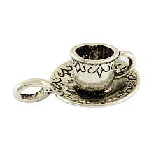 Honeyhandy Coffee Cup Tibetan Style Alloy Pendants, Waitress Charms, Cadmium Free & Nickel Free & Lead Free, Antique Silver, 26x18.5x10mm, Hole: 2.5x4.5mm