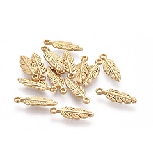 Honeyhandy Tibetan Style Alloy Charms, Feather, Lead Free & Nickel Free & Cadmium Free, Real 18K Gold Plated, Matte Gold Color, 15x5x1.5mm, Hole: 1mm